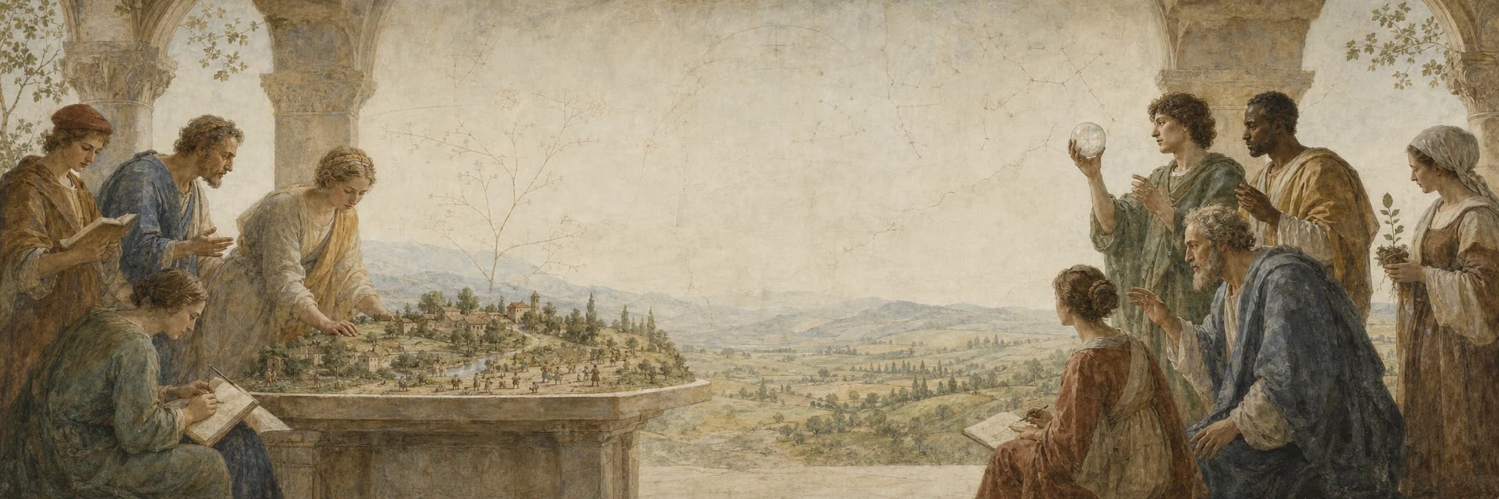 Renaissance fresco of scholars observing a miniature inhabited valley