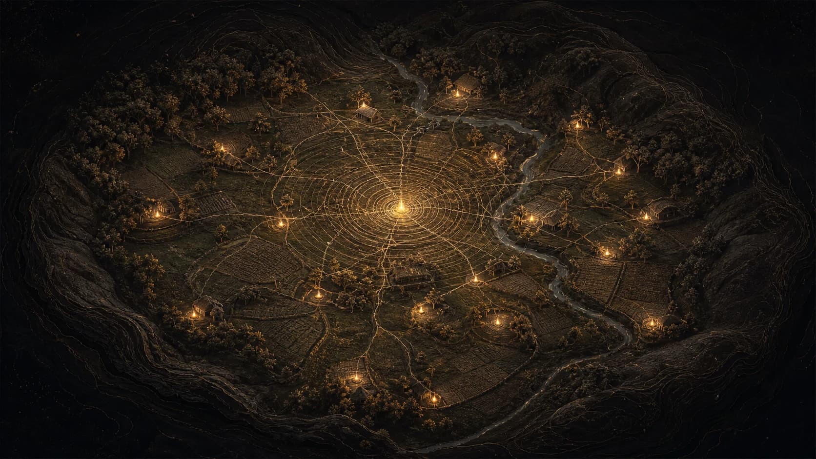 Overhead illustration of the Founding Valley with eighteen warm points connected by causal traces