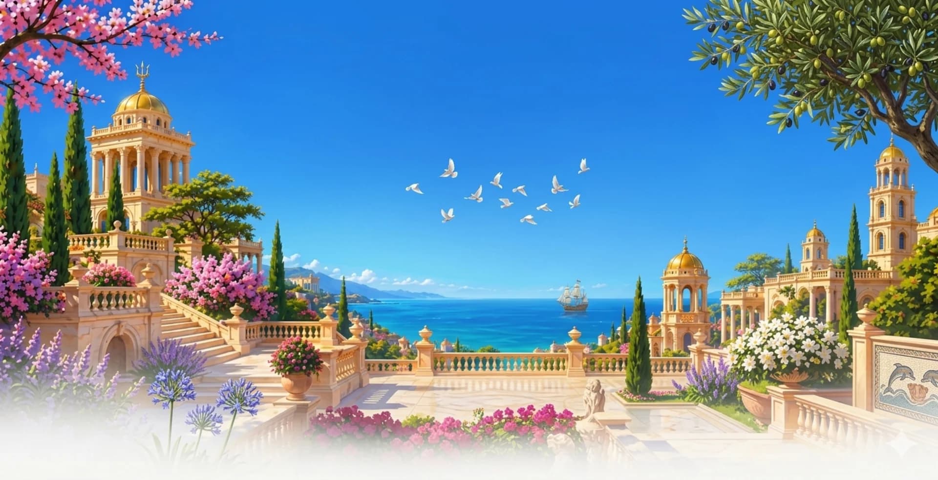 Bright Mediterranean garden overlooking the sea