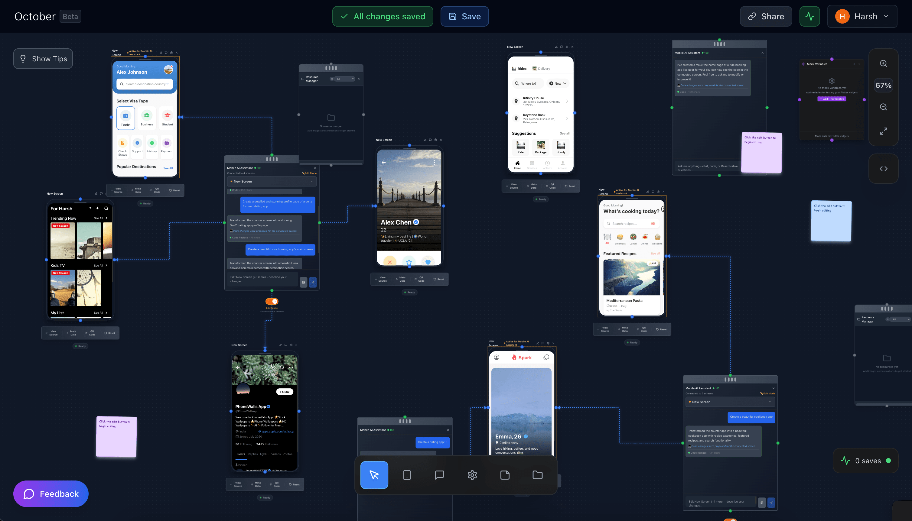 October spatial canvas with agents, application screens, terminals, and connected work